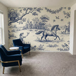 papier peint anglais fleurs scene pastorale chevaux personnages motifs floraux b-8