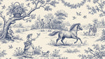 Papier peint panoramique anglais fleurs - Scène pastorale chevaux personnages motifs floraux bleu indigo et crème sur mesure - Design
