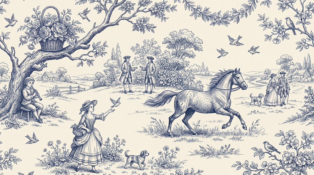 Papier peint panoramique anglais fleurs - Scène pastorale chevaux personnages motifs floraux bleu indigo et crème sur mesure - Design