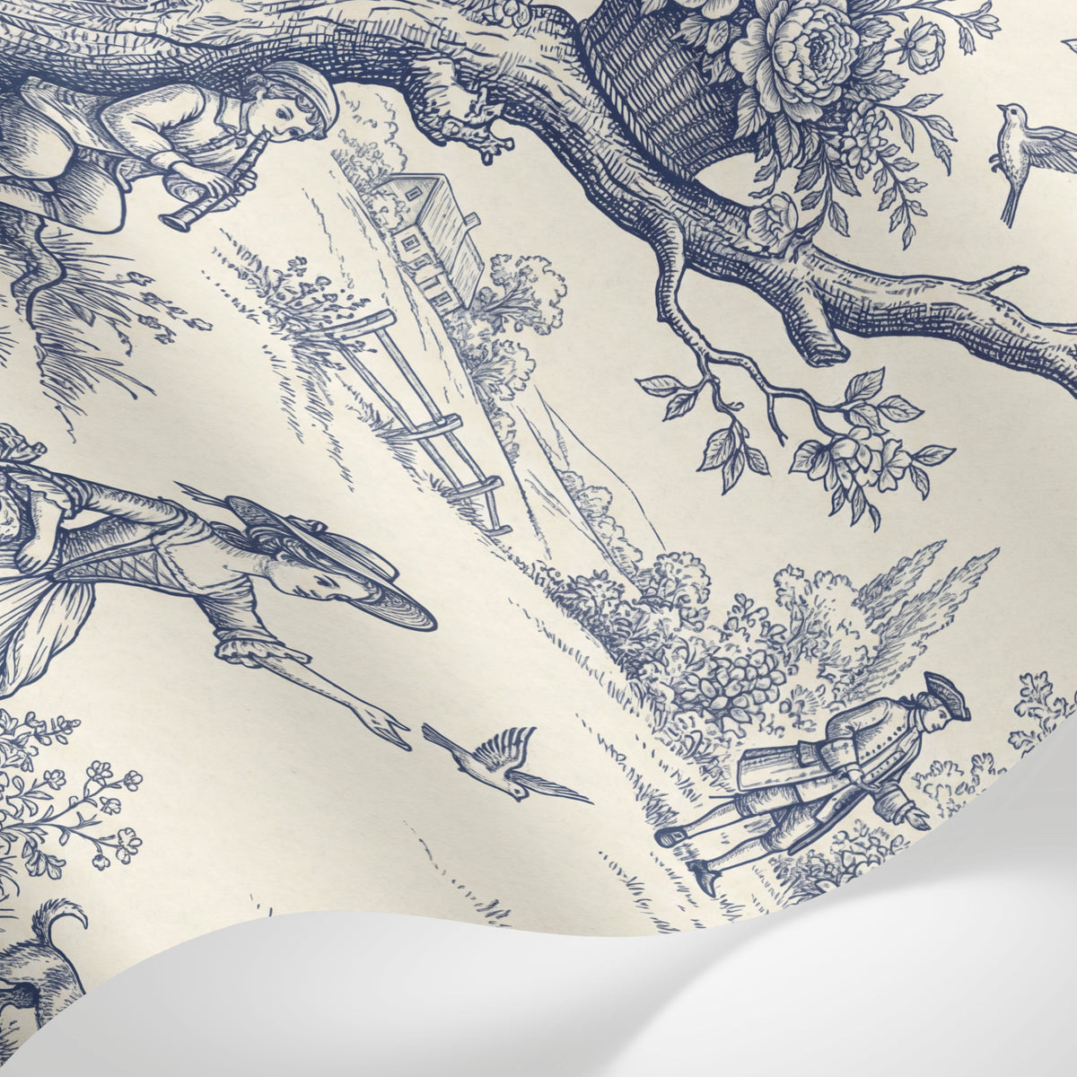 Papier peint panoramique anglais fleurs - Scène pastorale chevaux personnages motifs floraux bleu indigo et crème sur mesure - Matière