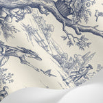 Papier peint panoramique anglais fleurs - Scène pastorale chevaux personnages motifs floraux bleu indigo et crème sur mesure - Matière