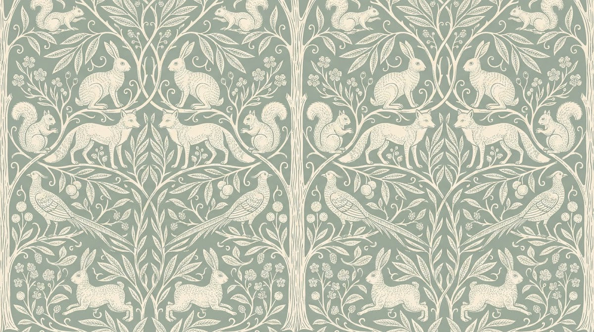 Papier peint panoramique animaux de la forêt - Lapins écureuils oiseaux motifs répétitifs fond vert sauge et crème sur mesure - Design