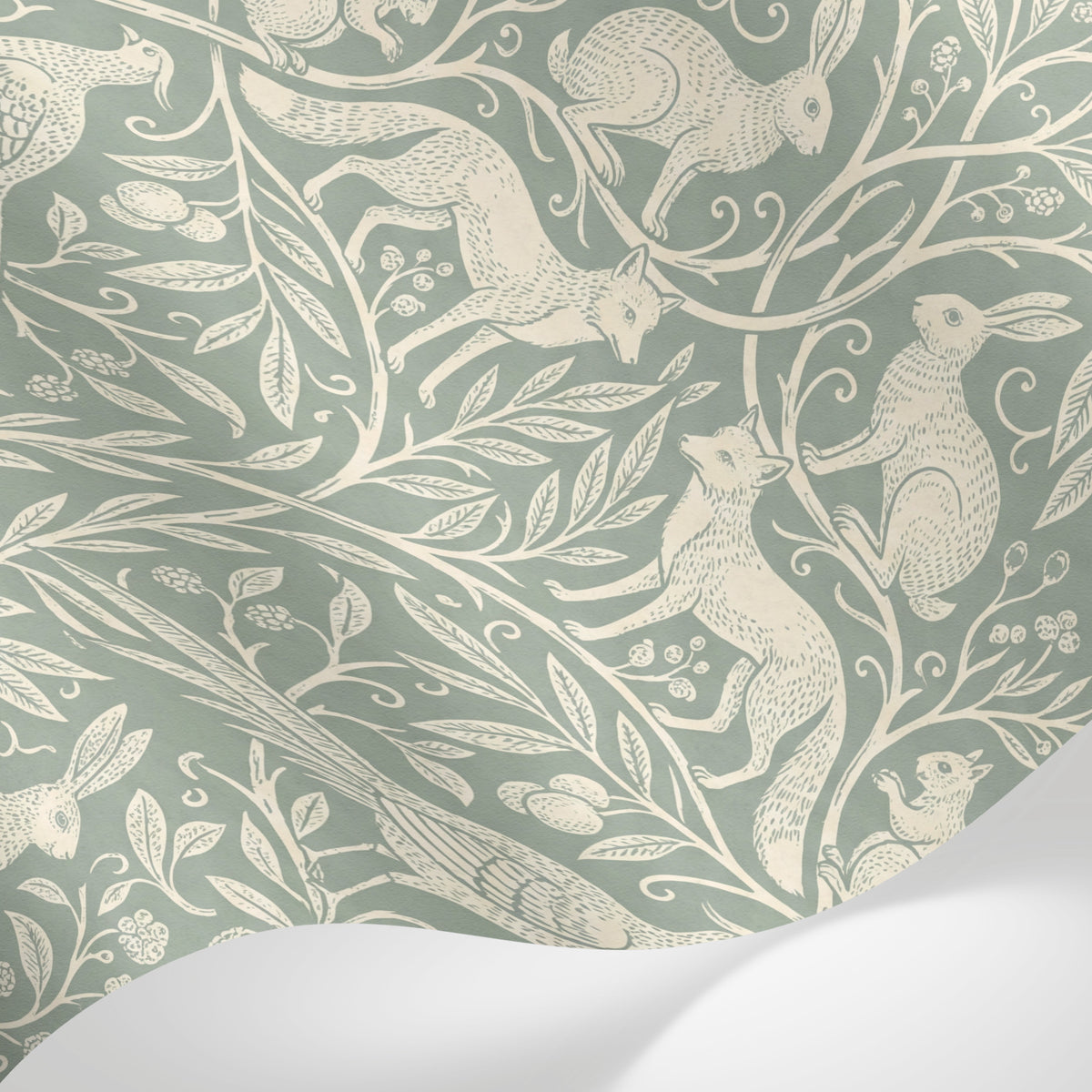Papier peint panoramique animaux de la forêt - Lapins écureuils oiseaux motifs répétitifs fond vert sauge et crème sur mesure - Matière