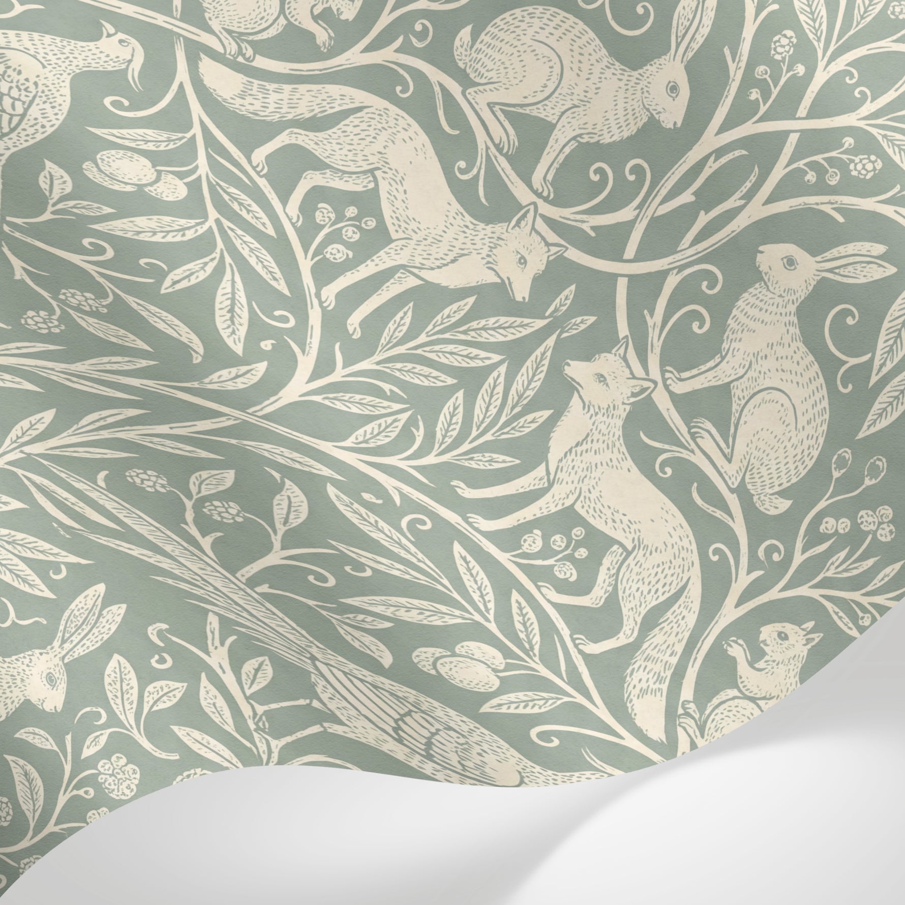 Papier peint panoramique animaux de la forêt - Lapins écureuils oiseaux motifs répétitifs fond vert sauge et crème sur mesure - Matière