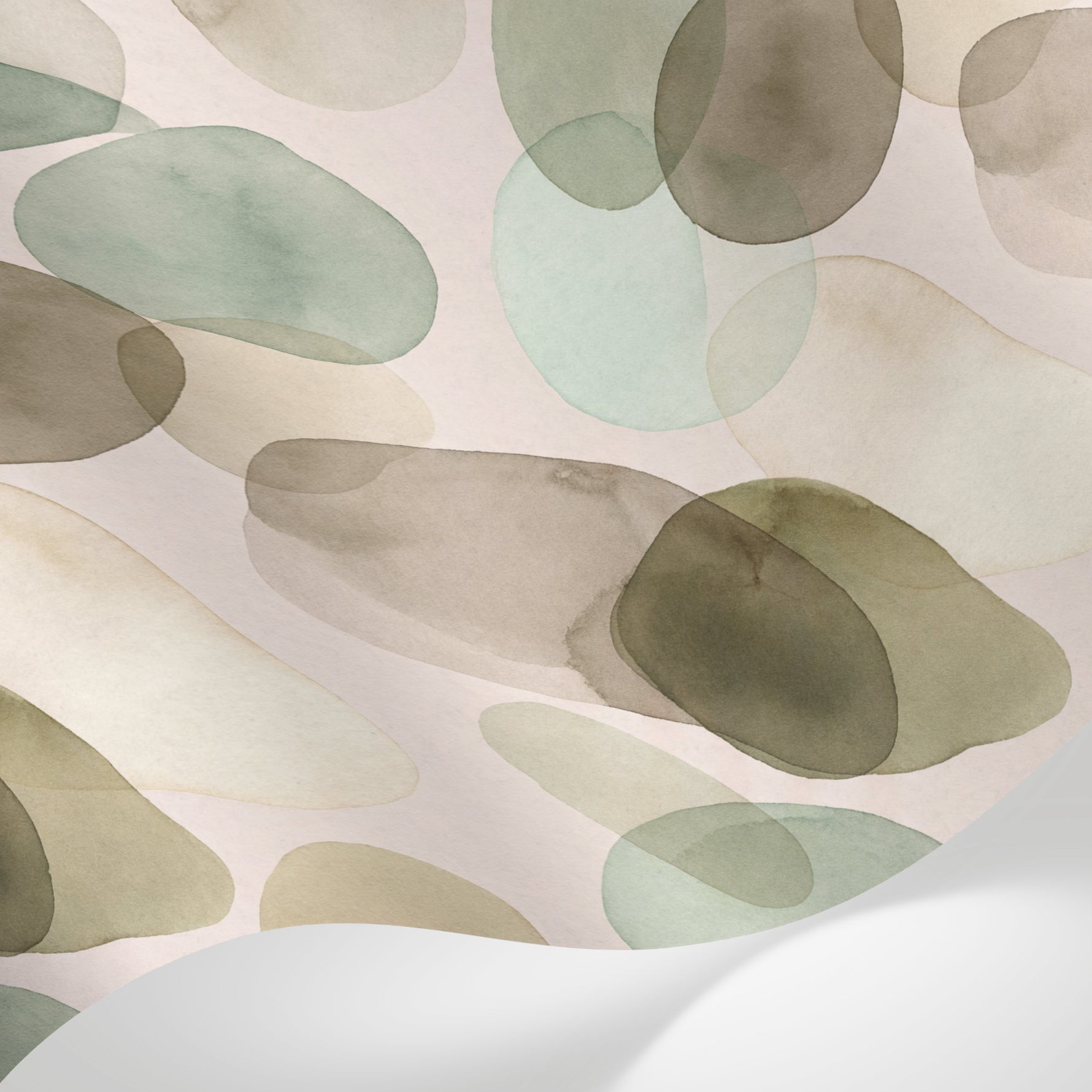 Papier peint panoramique aquarelle - Feuilles eucalyptus superposées tons vert sauge et beige crème sur mesure - Matière
