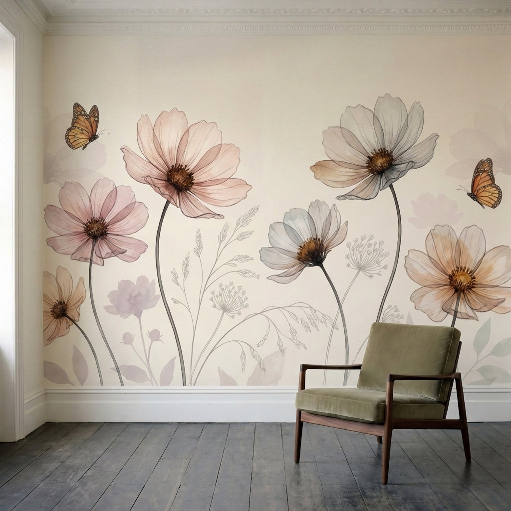 papier peint aquarelle fleur cosmos transparents papillons monarques tons beige -1