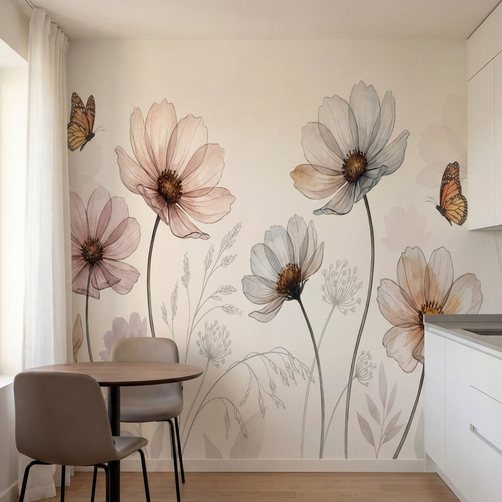 papier peint aquarelle fleur cosmos transparents papillons monarques tons beige -4