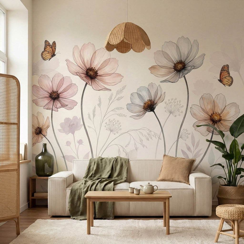 papier peint aquarelle fleur cosmos transparents papillons monarques tons beige -9