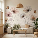 papier peint aquarelle fleur cosmos transparents papillons monarques tons beige -9