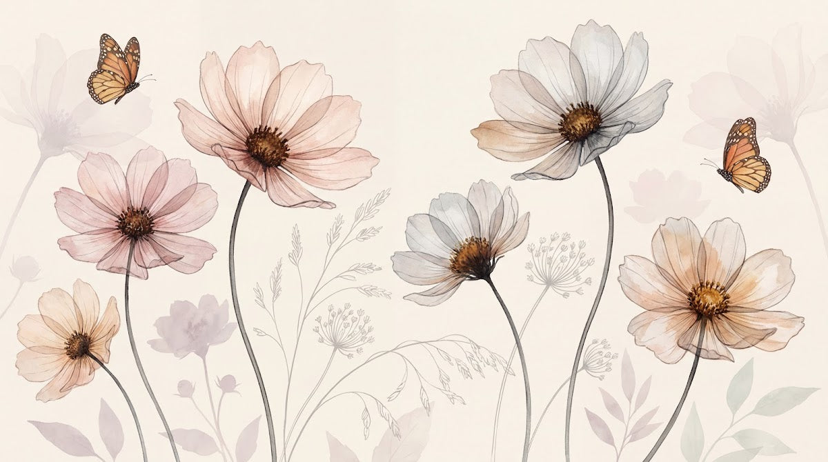 Papier peint panoramique aquarelle fleur - Cosmos transparents papillons monarques tons beige rosé et blanc crème sur mesure - Design