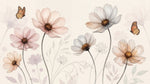 Papier peint panoramique aquarelle fleur - Cosmos transparents papillons monarques tons beige rosé et blanc crème sur mesure - Design