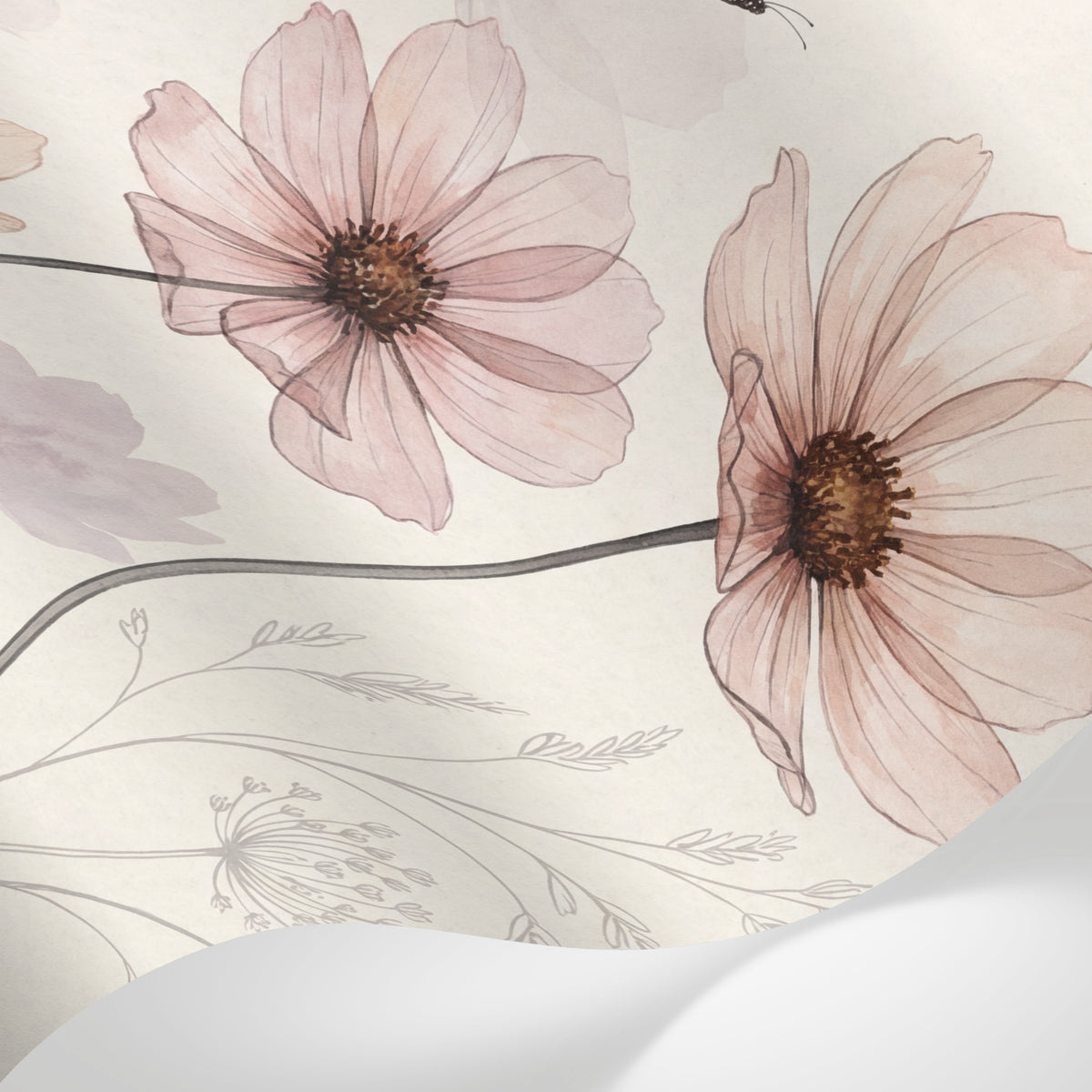 Papier peint panoramique aquarelle fleur - Cosmos transparents papillons monarques tons beige rosé et blanc crème sur mesure - Matière