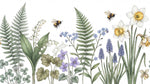 Papier peint panoramique aquarelle fleur - Fougères violettes narcisses abeilles botanical fond blanc crème et vert sur mesure - Design