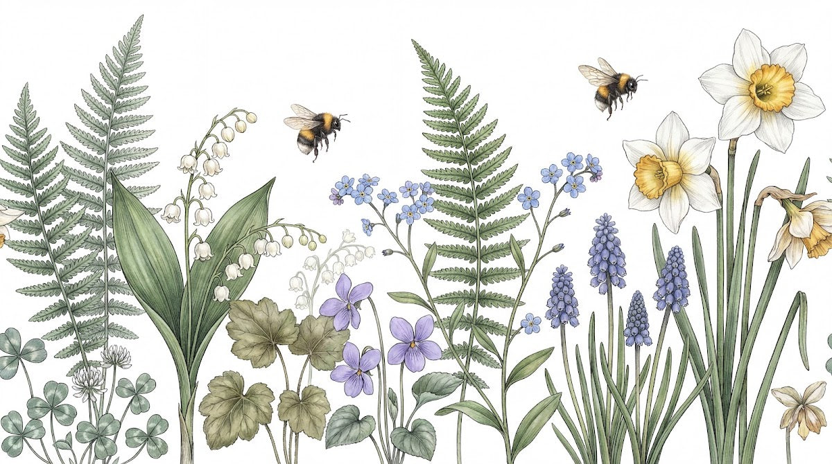 Papier peint panoramique aquarelle fleur - Fougères violettes narcisses abeilles botanical fond blanc crème et vert sur mesure - Design