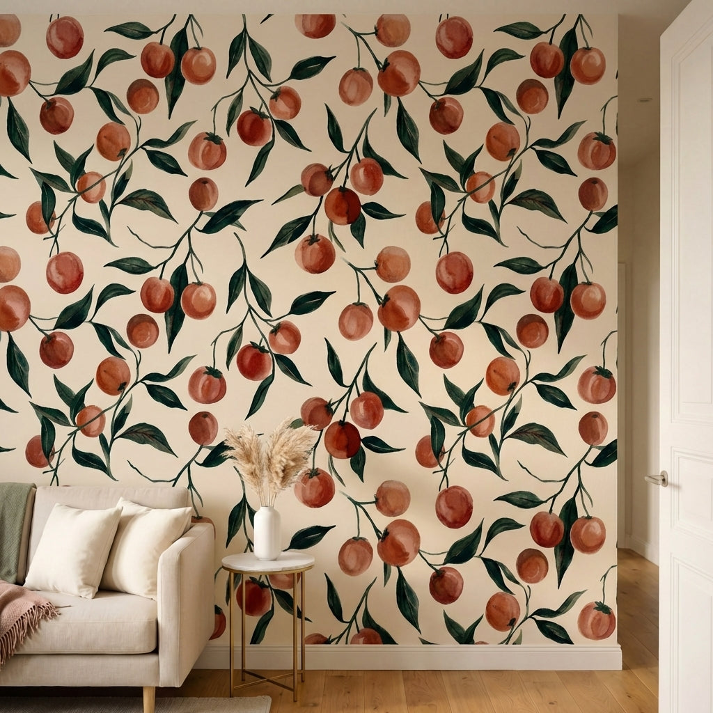 papier peint aquarelle fruits rouges cerises branches feuillage tons beige creme-2