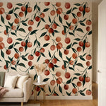 papier peint aquarelle fruits rouges cerises branches feuillage tons beige creme-2