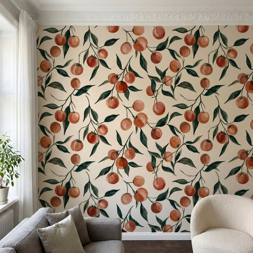papier peint aquarelle fruits rouges cerises branches feuillage tons beige creme-4