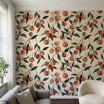 papier peint aquarelle fruits rouges cerises branches feuillage tons beige creme-4