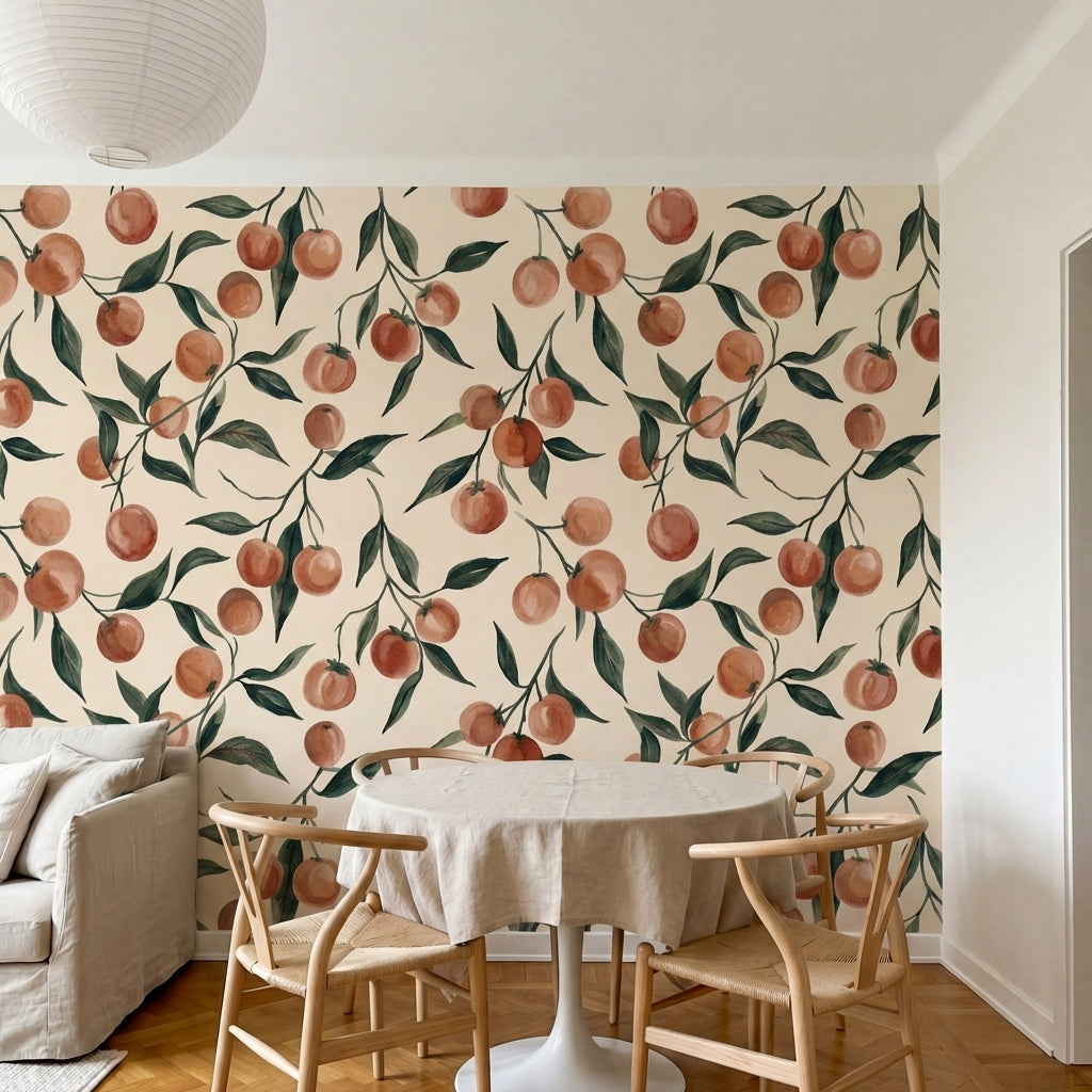 papier peint aquarelle fruits rouges cerises branches feuillage tons beige creme-6