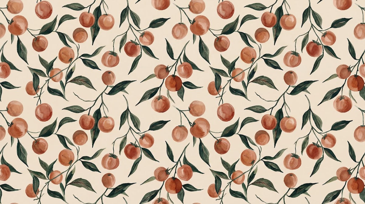 Papier peint panoramique aquarelle - Fruits rouges cerises branches feuillage tons beige crème et vert sauge sur mesure - Design