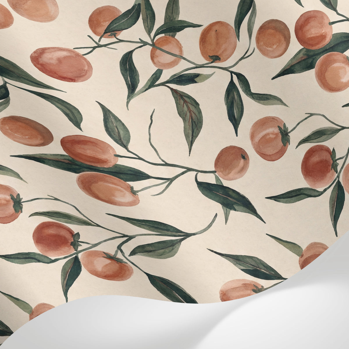 Papier peint panoramique aquarelle - Fruits rouges cerises branches feuillage tons beige crème et vert sauge sur mesure - Matière