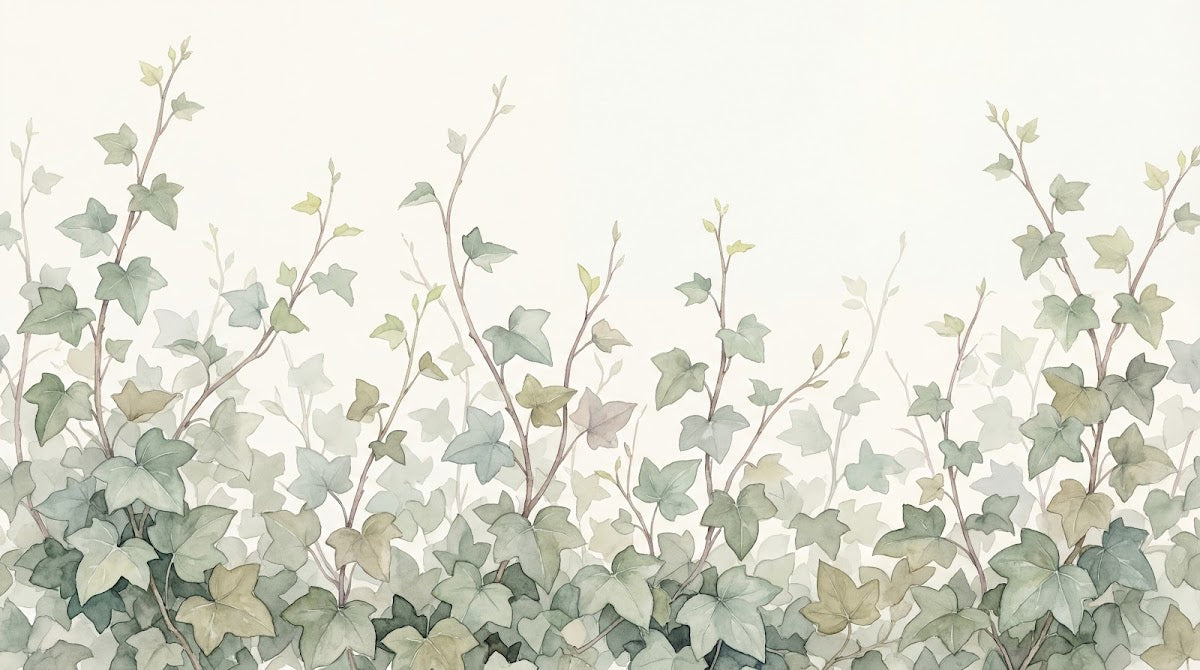 Papier peint panoramique aquarelle nature - Branches feuillage lierre grimpant tons vert sauge et beige crème sur mesure - Design