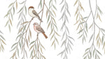 Papier peint panoramique aquarelle nature - Oiseaux saules pleureurs vert sauge et beige sur mesure - Design