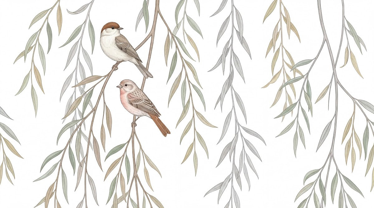 Papier peint panoramique aquarelle nature - Oiseaux saules pleureurs vert sauge et beige sur mesure - Design