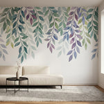 papier peint aquarelle vert feuillages botaniques branchages tombants tons vert -4
