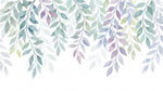Papier peint panoramique aquarelle vert - Feuillages botaniques branchages tombants tons vert sauge et violet sur mesure - Design
