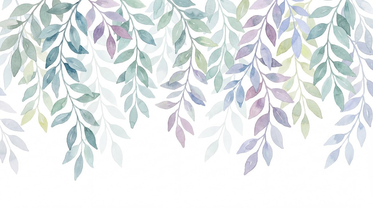 Papier peint panoramique aquarelle vert - Feuillages botaniques branchages tombants tons vert sauge et violet sur mesure - Design