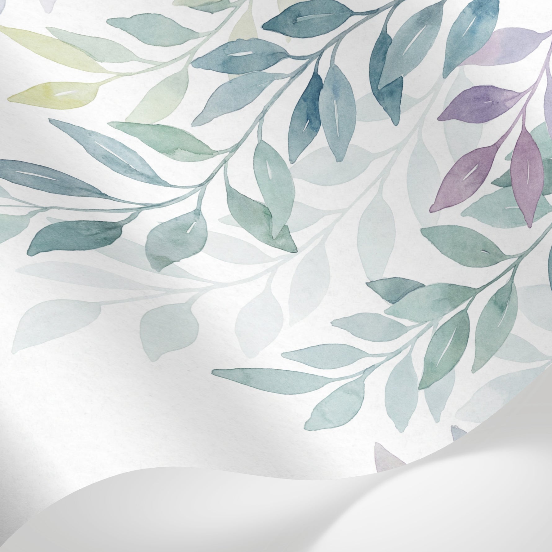 Papier peint panoramique aquarelle vert - Feuillages botaniques branchages tombants tons vert sauge et violet sur mesure - Matière