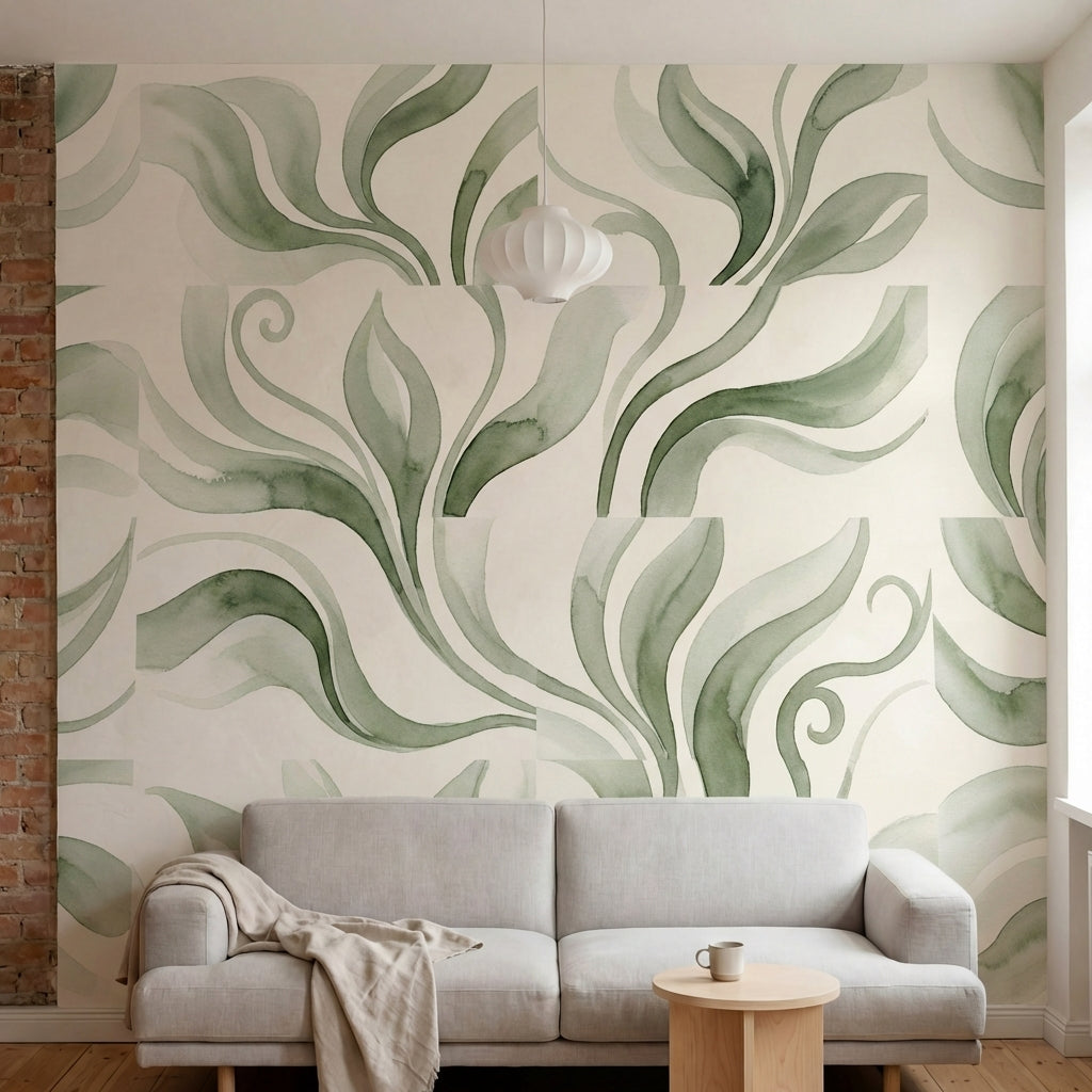 papier peint aquarelle volutes organiques ondulantes tons vert sauge et beige cr-5