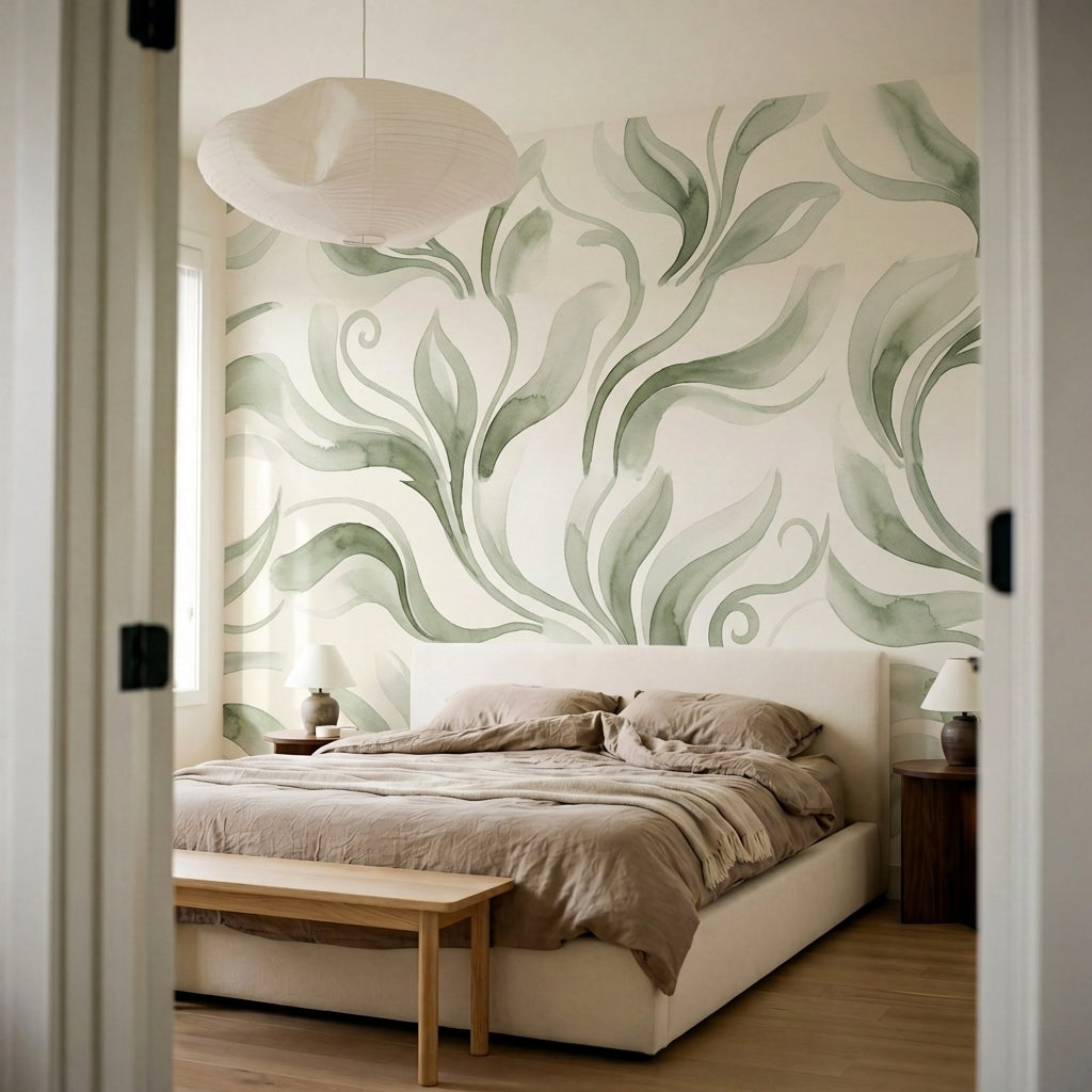 papier peint aquarelle volutes organiques ondulantes tons vert sauge et beige cr-9