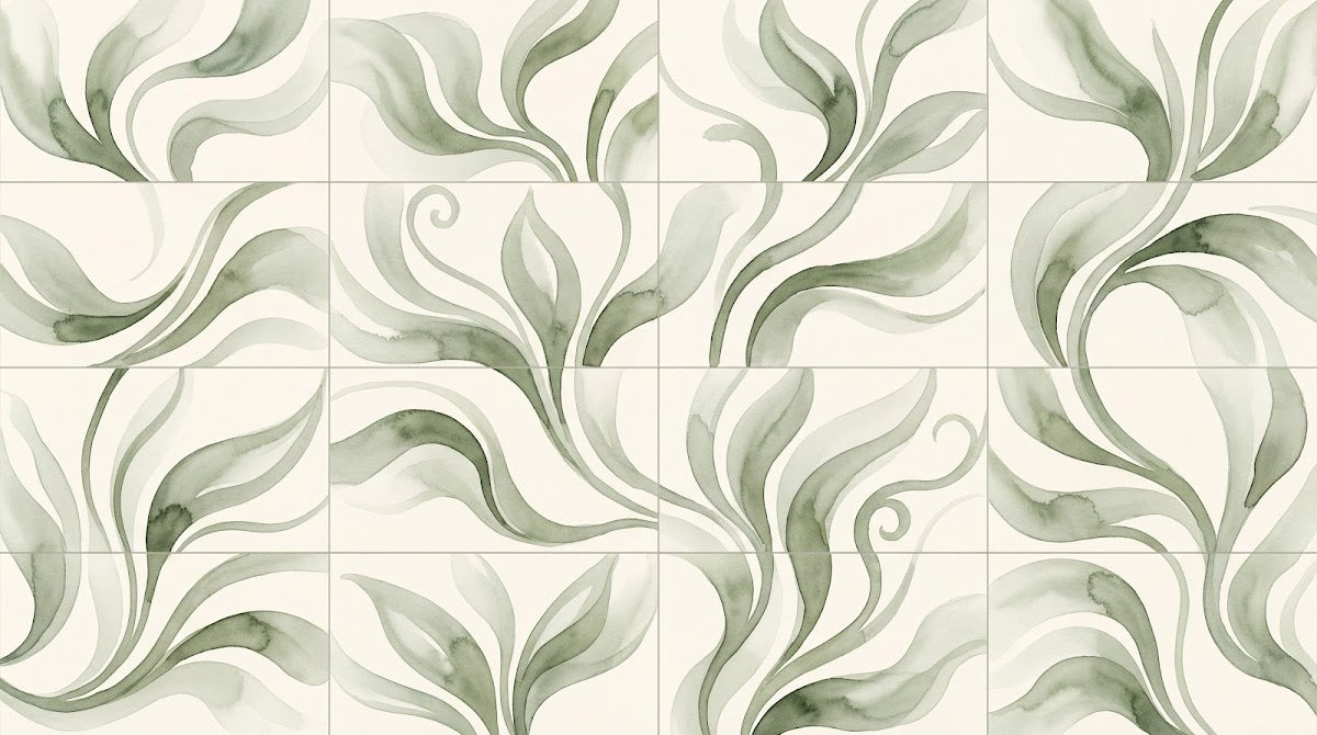 Papier peint panoramique aquarelle - Volutes organiques ondulantes tons vert sauge et beige crème sur mesure - Design