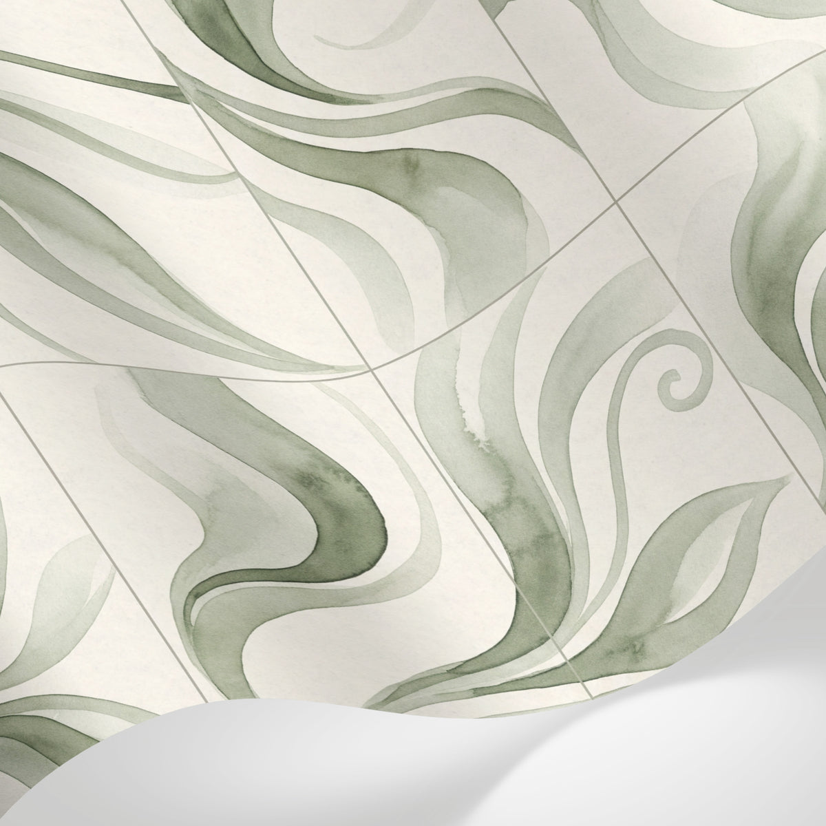 Papier peint panoramique aquarelle - Volutes organiques ondulantes tons vert sauge et beige crème sur mesure - Matière