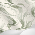 Papier peint panoramique aquarelle - Volutes organiques ondulantes tons vert sauge et beige crème sur mesure - Matière