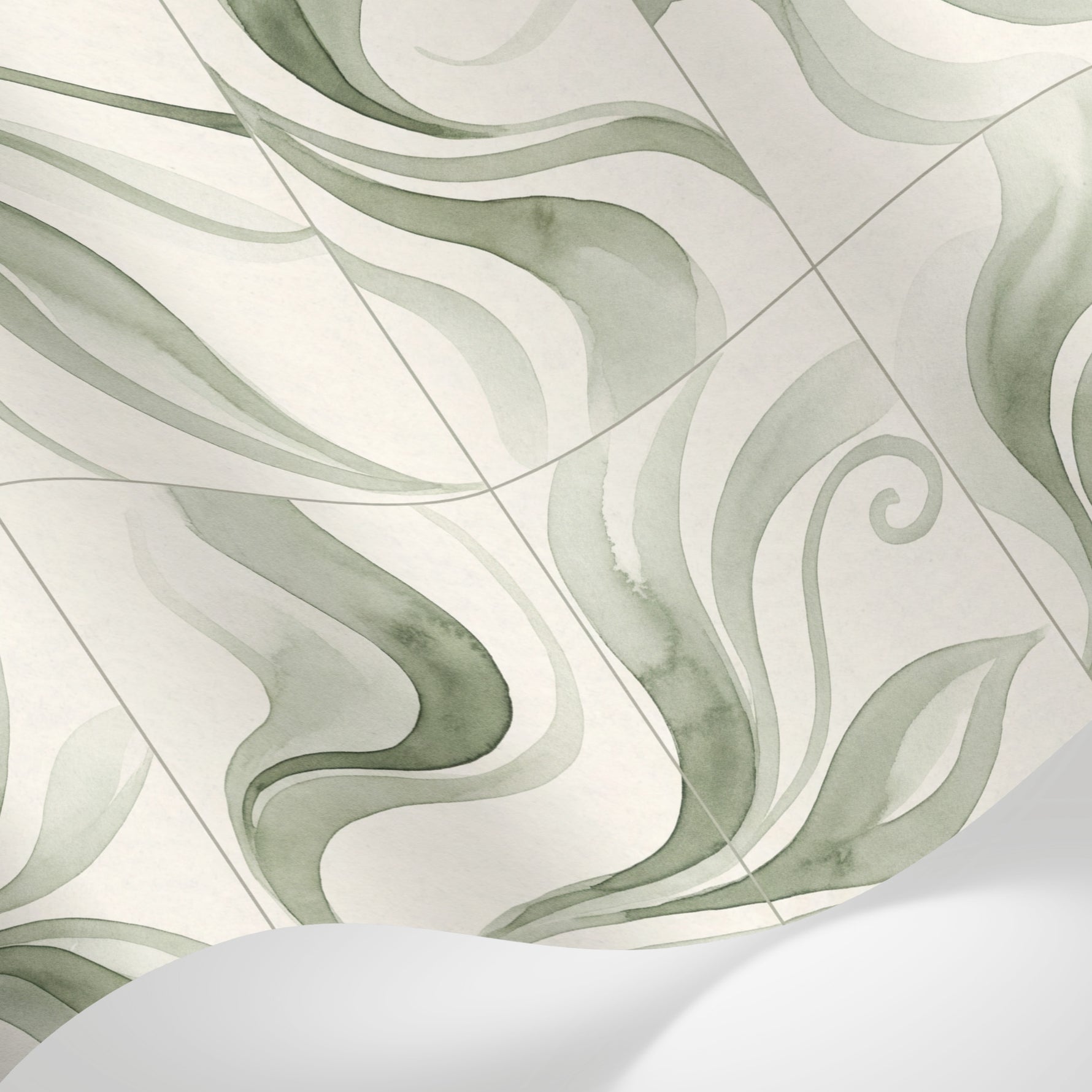 Papier peint panoramique aquarelle - Volutes organiques ondulantes tons vert sauge et beige crème sur mesure - Matière