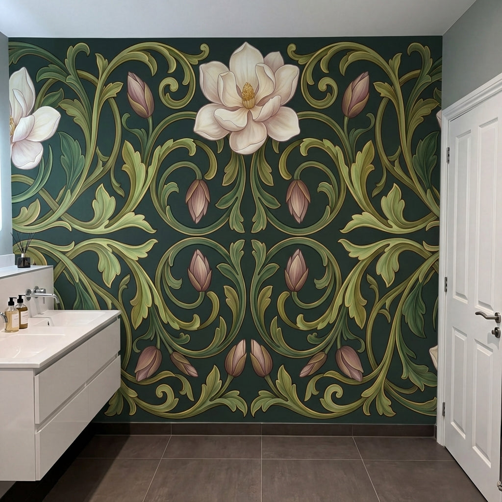 papier peint art nouveau fleurs magnolias roses ornements vegetaux arabesques fo-10