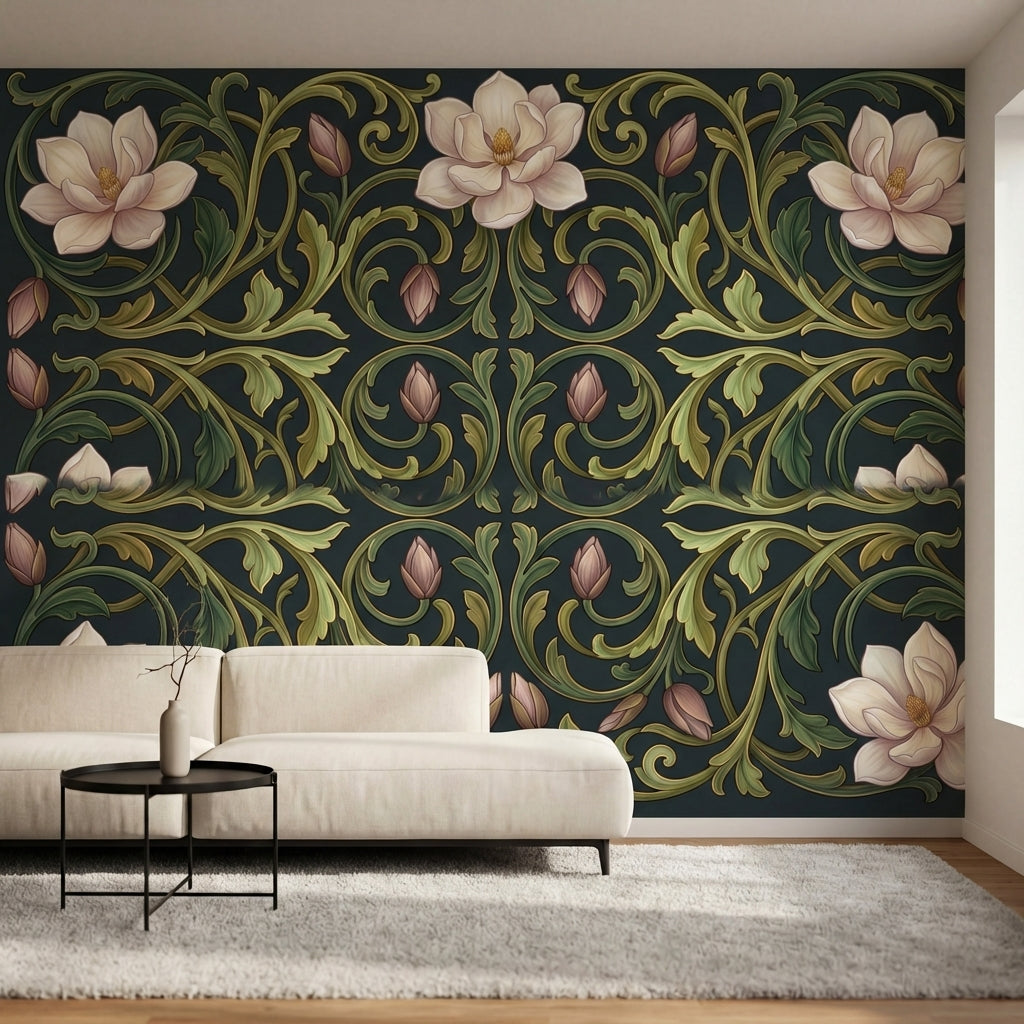 papier peint art nouveau fleurs magnolias roses ornements vegetaux arabesques fo-3