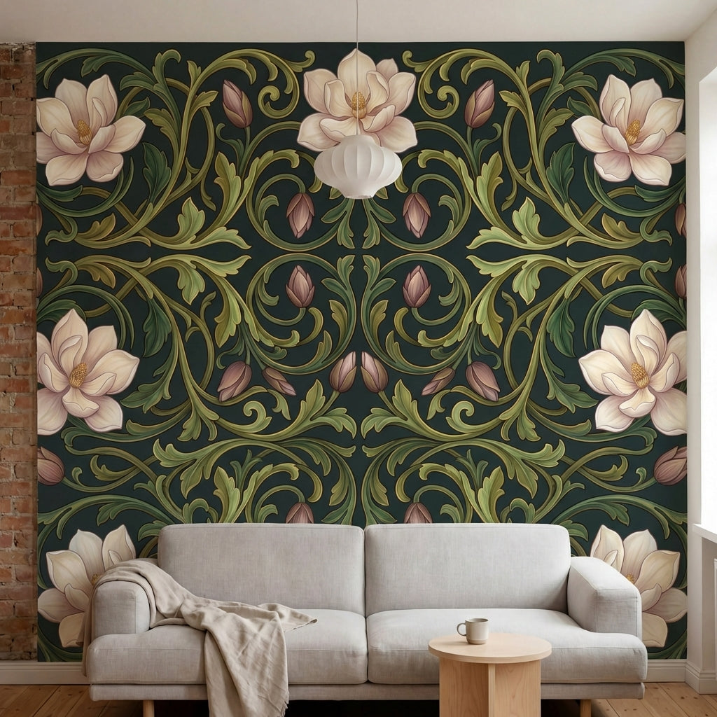 papier peint art nouveau fleurs magnolias roses ornements vegetaux arabesques fo-5