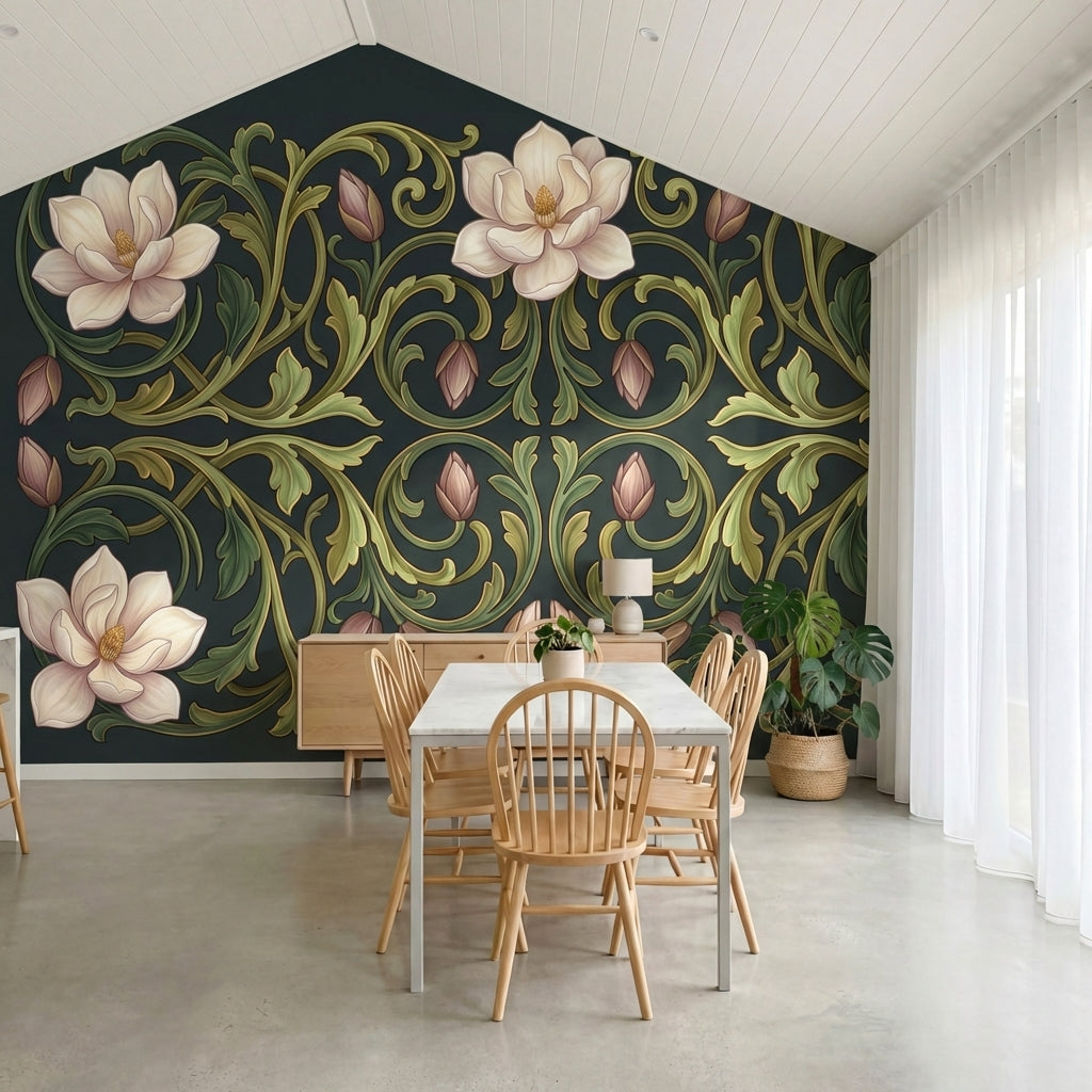 papier peint art nouveau fleurs magnolias roses ornements vegetaux arabesques fo-8