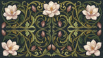 Papier peint panoramique art nouveau fleurs - Magnolias roses ornements végétaux arabesques fond vert foncé et or sur mesure - Design