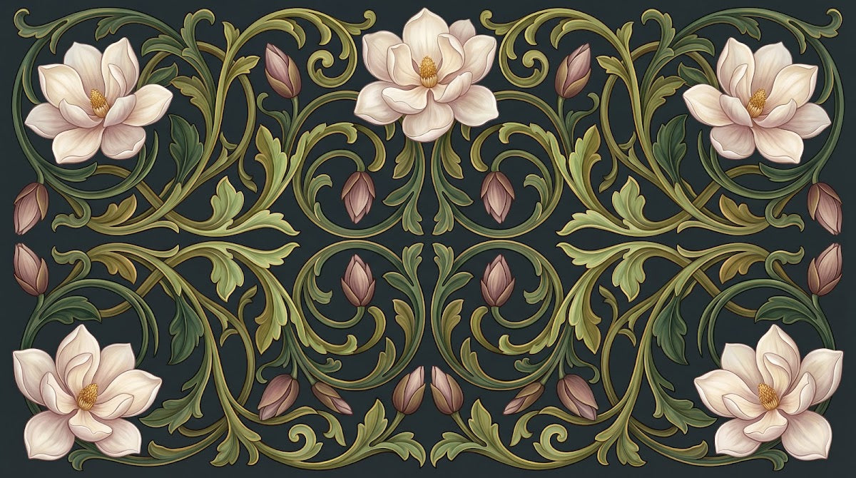 Papier peint panoramique art nouveau fleurs - Magnolias roses ornements végétaux arabesques fond vert foncé et or sur mesure - Design