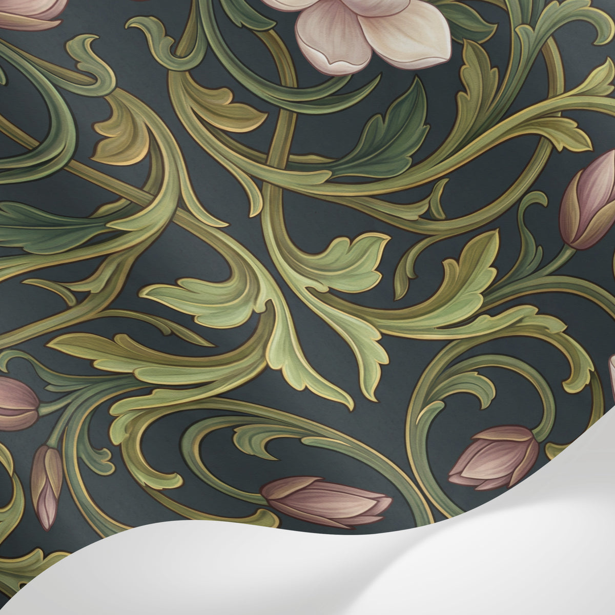 Papier peint panoramique art nouveau fleurs - Magnolias roses ornements végétaux arabesques fond vert foncé et or sur mesure - Matière