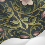 Papier peint panoramique art nouveau fleurs - Magnolias roses ornements végétaux arabesques fond vert foncé et or sur mesure - Matière