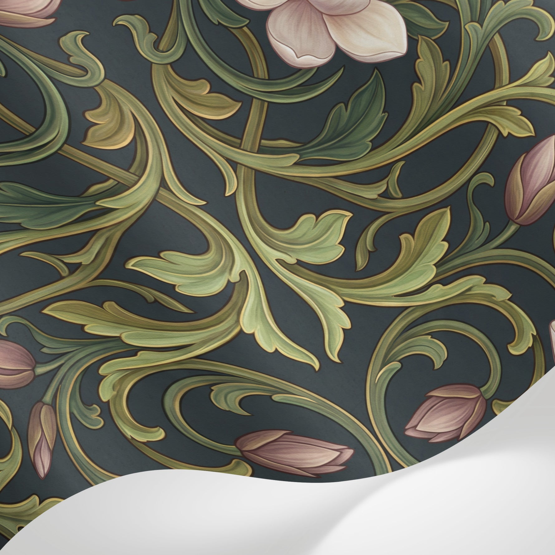 Papier peint panoramique art nouveau fleurs - Magnolias roses ornements végétaux arabesques fond vert foncé et or sur mesure - Matière