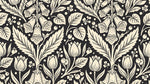 Papier peint panoramique art nouveau fleurs - Tulipes fraises papillons motifs répétitifs fond noir et beige rosé sur mesure - Design