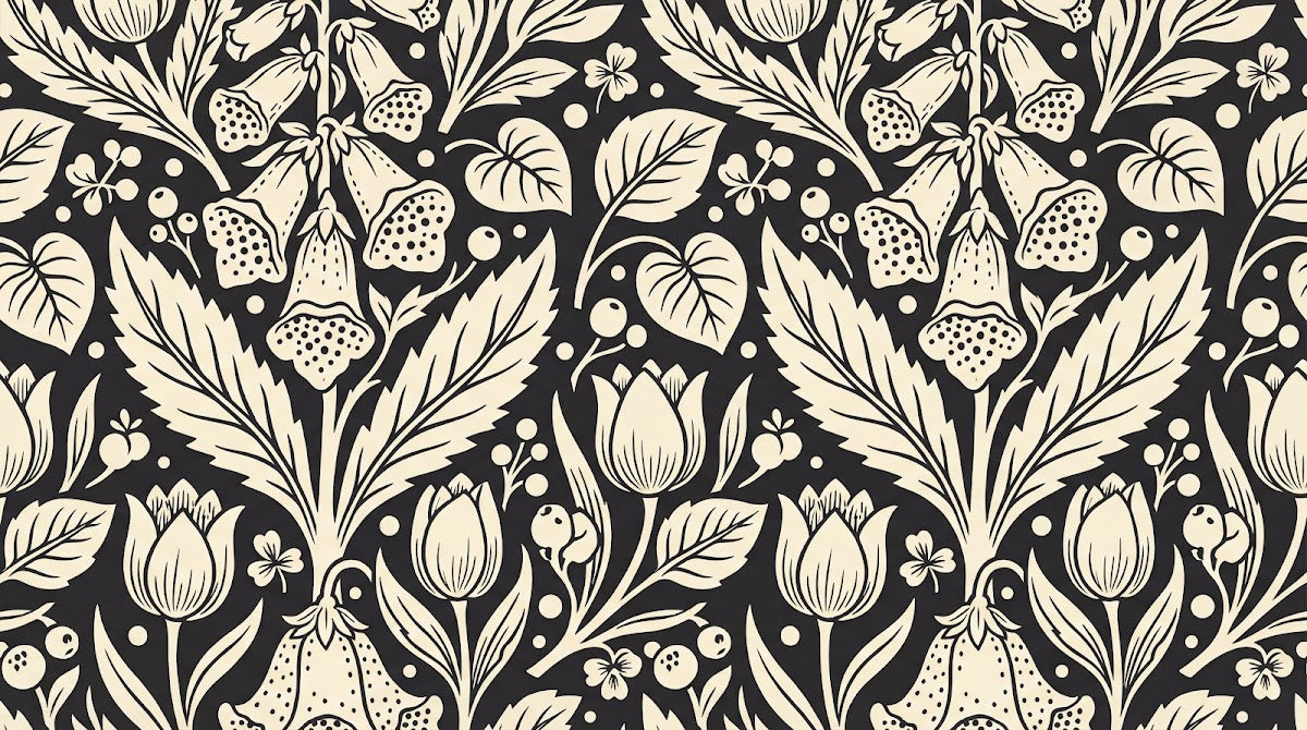 Papier peint panoramique art nouveau fleurs - Tulipes fraises papillons motifs répétitifs fond noir et beige rosé sur mesure - Design