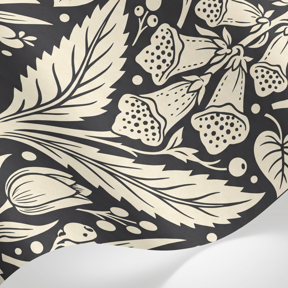 Papier peint panoramique art nouveau fleurs - Tulipes fraises papillons motifs répétitifs fond noir et beige rosé sur mesure - Matière
